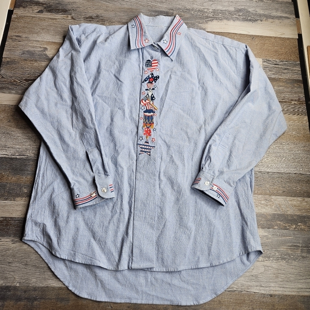 Women's Button Down Shirt Vintage American Embroidery Chambray Large